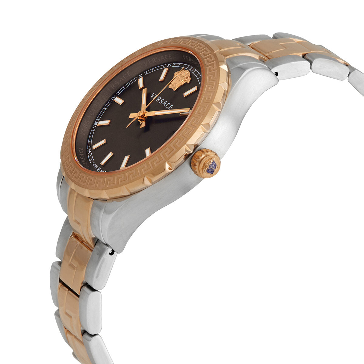 Side view of Versace Hellenyium watch showing two-tone bracelet and rose gold crown