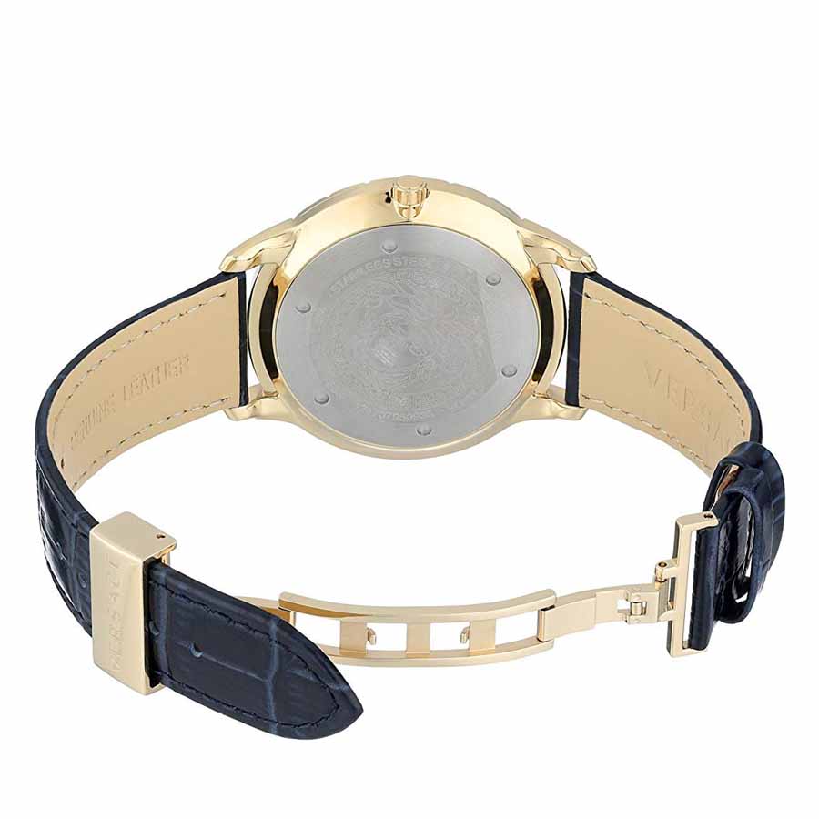 Versace Univers GMT watch caseback showing stainless steel back and blue leather strap detail