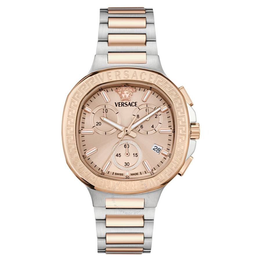 Versace V-Chrono Square chronograph watch with rose gold dial and two-tone bracelet