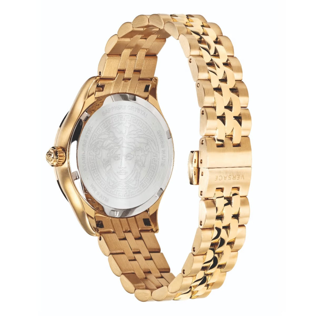 Versace Virtus gold watch angled view displaying full case and metal bracelet