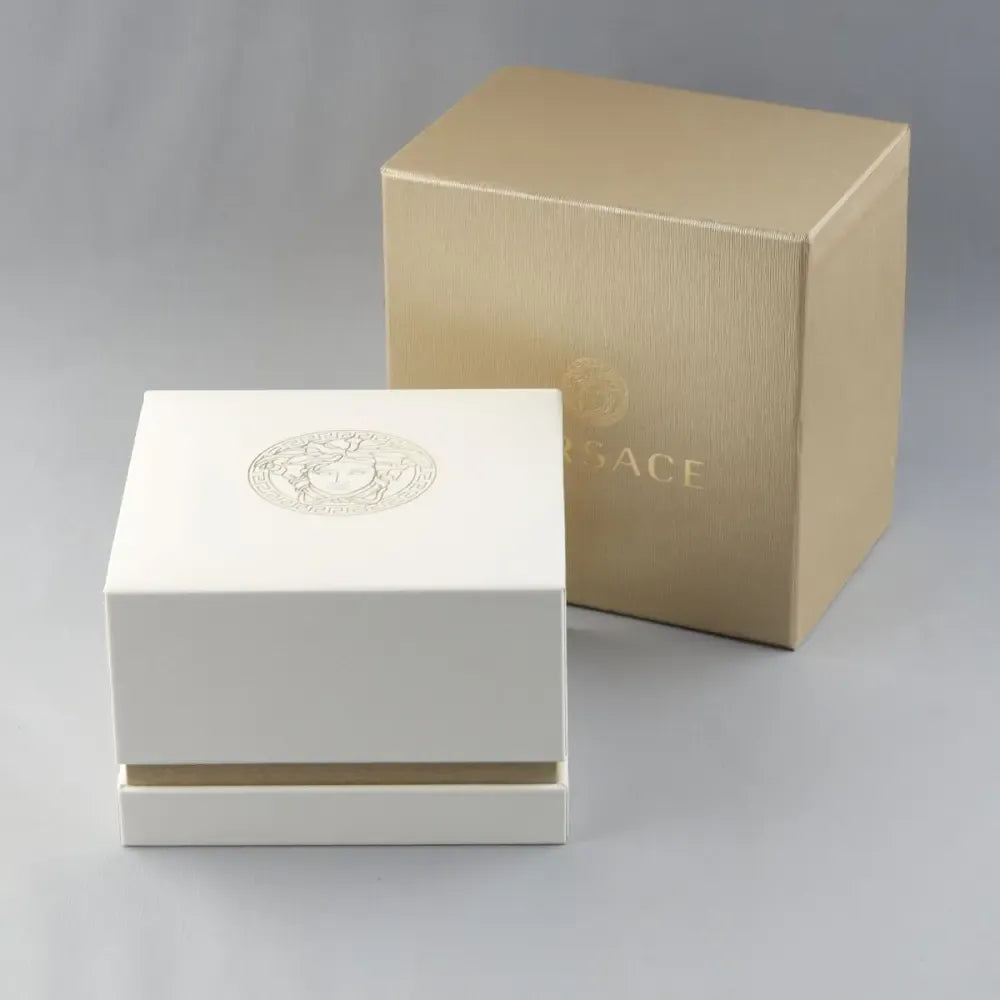 Versace Virtus watch presentation box and outer packaging in champagne and white