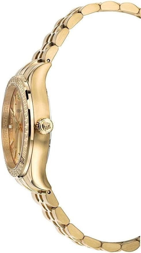 Versace Virtus gold watch side profile with bracelet links and crown visible